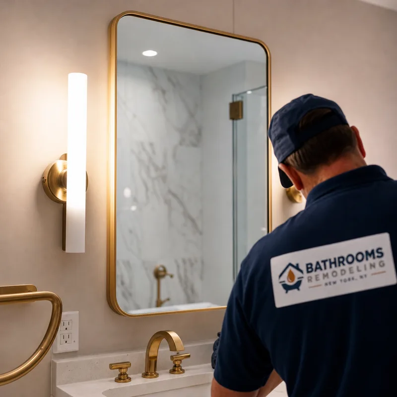 Vanity mirror and balanced task lighting around a bathroom sink
