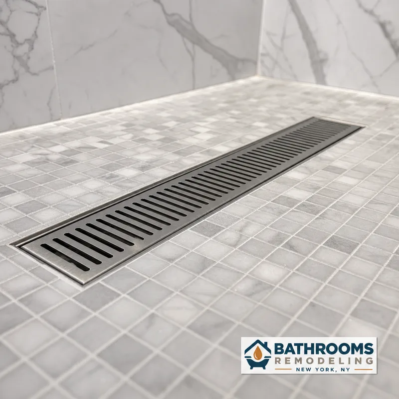 Mosaic shower floor with proper slope and a linear drain