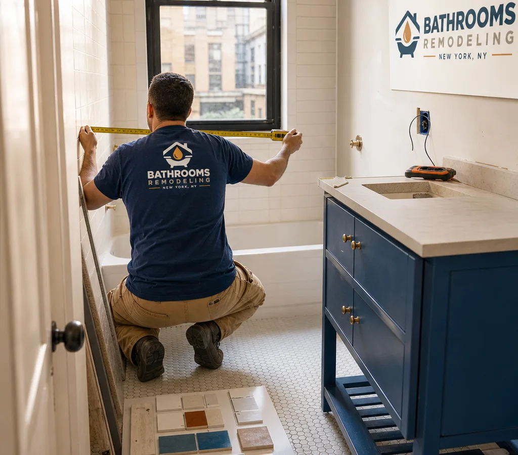 Contractor measuring a small New York City bathroom with tile samples and a tape measure