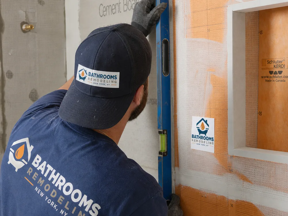 Shower wall renovation with cement board, waterproofing membrane, and a level