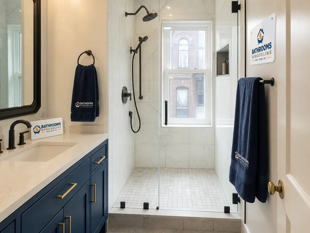 Bathtub-to-shower conversion with a low curb and frameless glass in a narrow bathroom