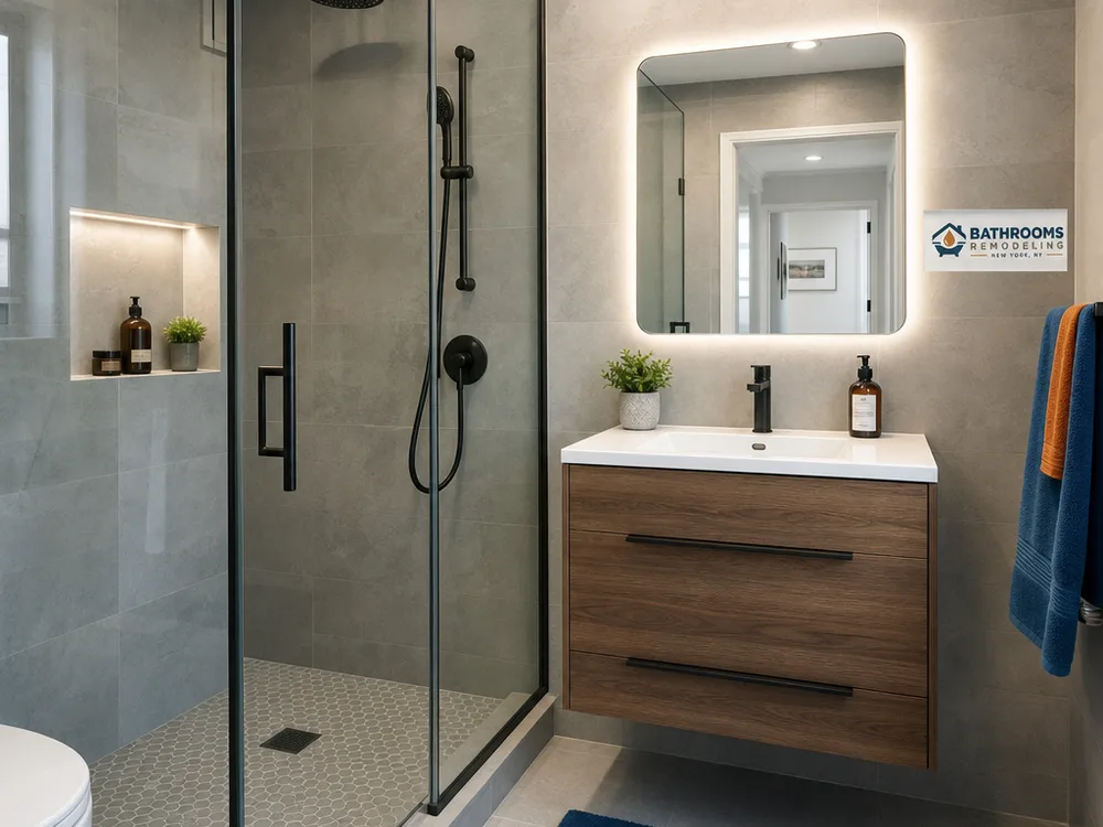 Finished New York City bathroom with a glass shower, large-format tile, wall-hung vanity, and recessed niche