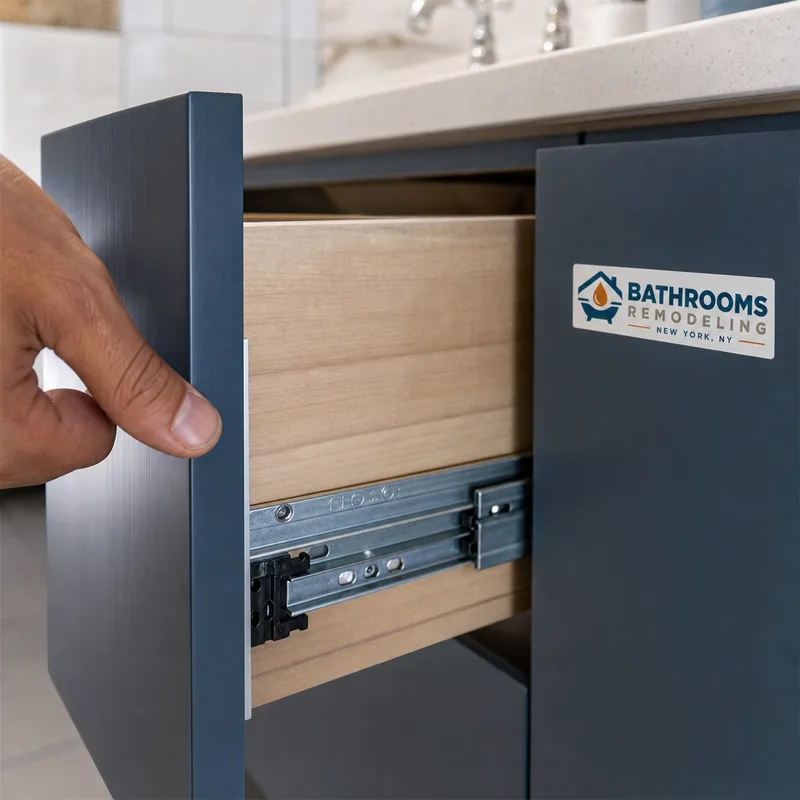 Close-up of soft-close drawer hardware and moisture-resistant cabinet edge sealing