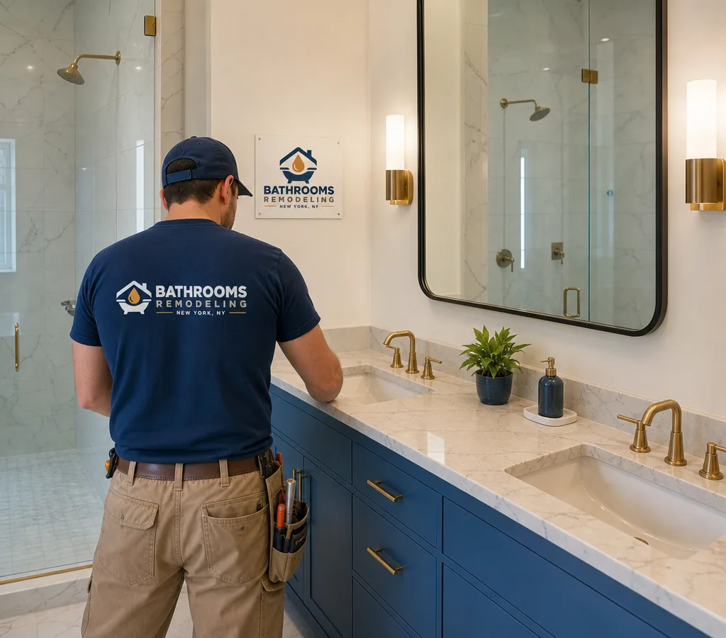 Finished New York City bathroom with a double-sink vanity, stone top, mirror, and wall sconces