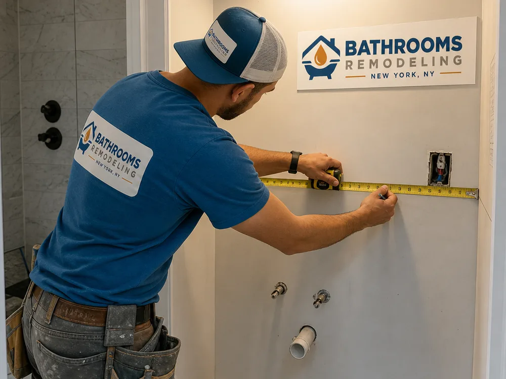 Contractor measuring a bathroom alcove and marking vanity dimensions with plumbing stub-outs visible