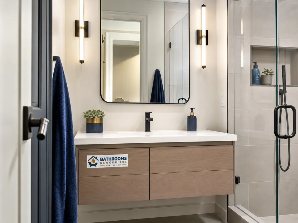 Wall-hung vanity with open space below, a modern mirror, and an integrated sink top