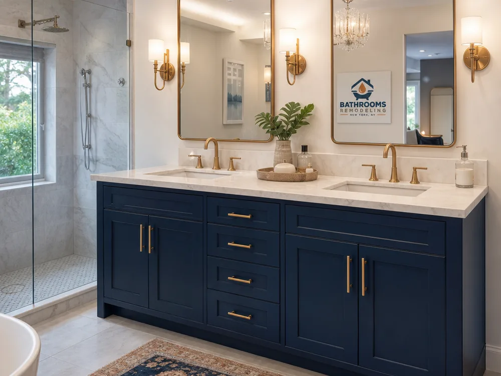 Double-sink vanity with two faucets, centered mirrors, and coordinated lighting