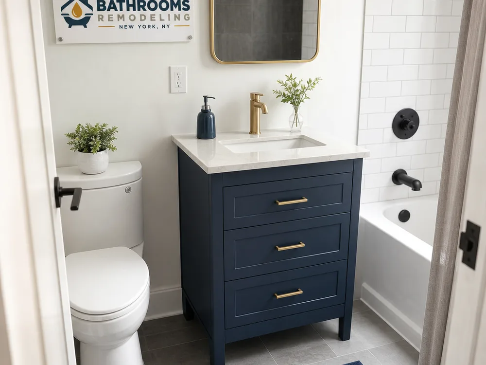 Compact freestanding vanity with storage drawers and a simple quartz top in a small apartment bathroom